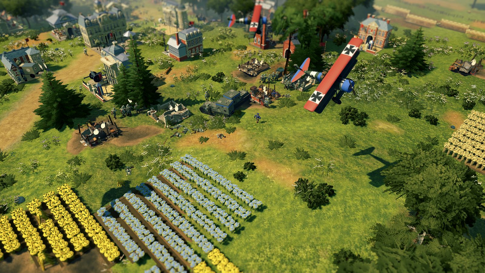 Red biplanes with iron crosses over a base with tanks and crop fields