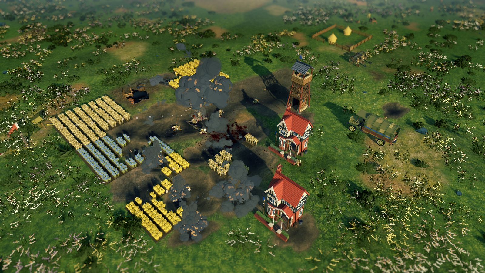 Shell bursts and smoke over a village surrounded by fields