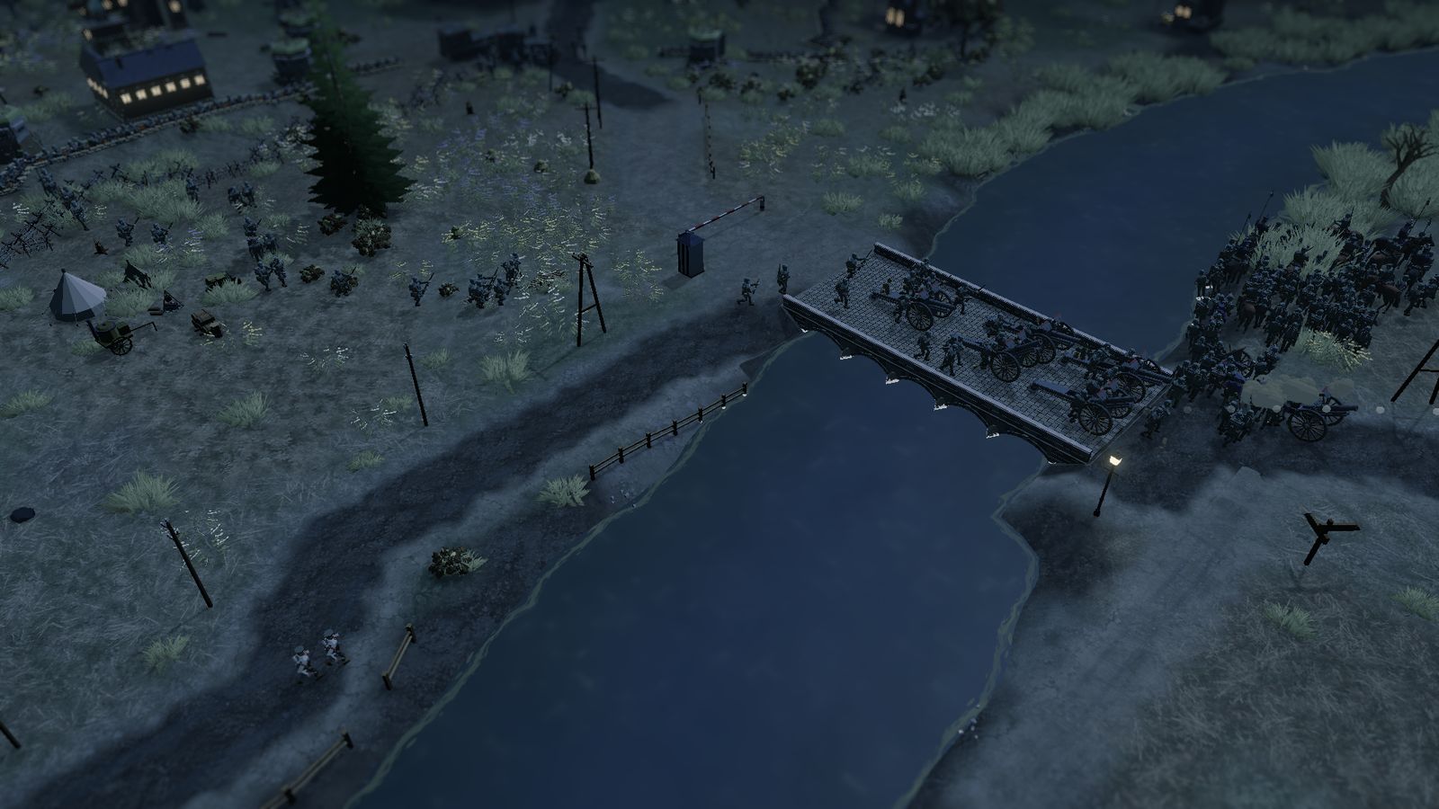 A night battle on a bridge over a river, lamps lit along its deck