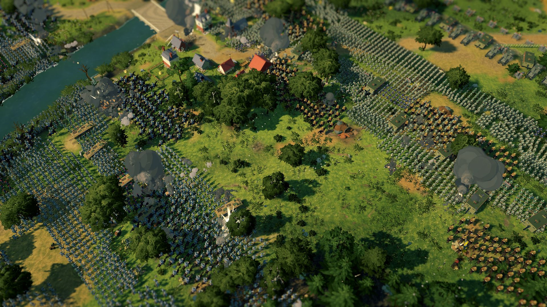 Blocks of thousands of soldiers close on each other across fields and woods by a river, shells bursting between them