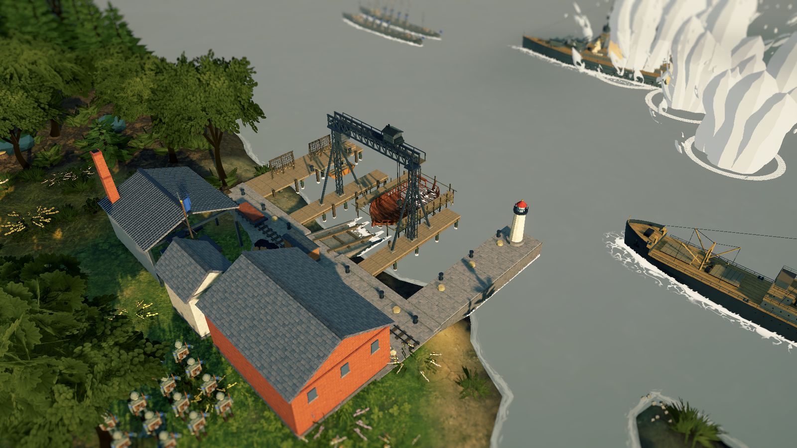A port with a slip crane on the coast, water columns rising round a ship under fire