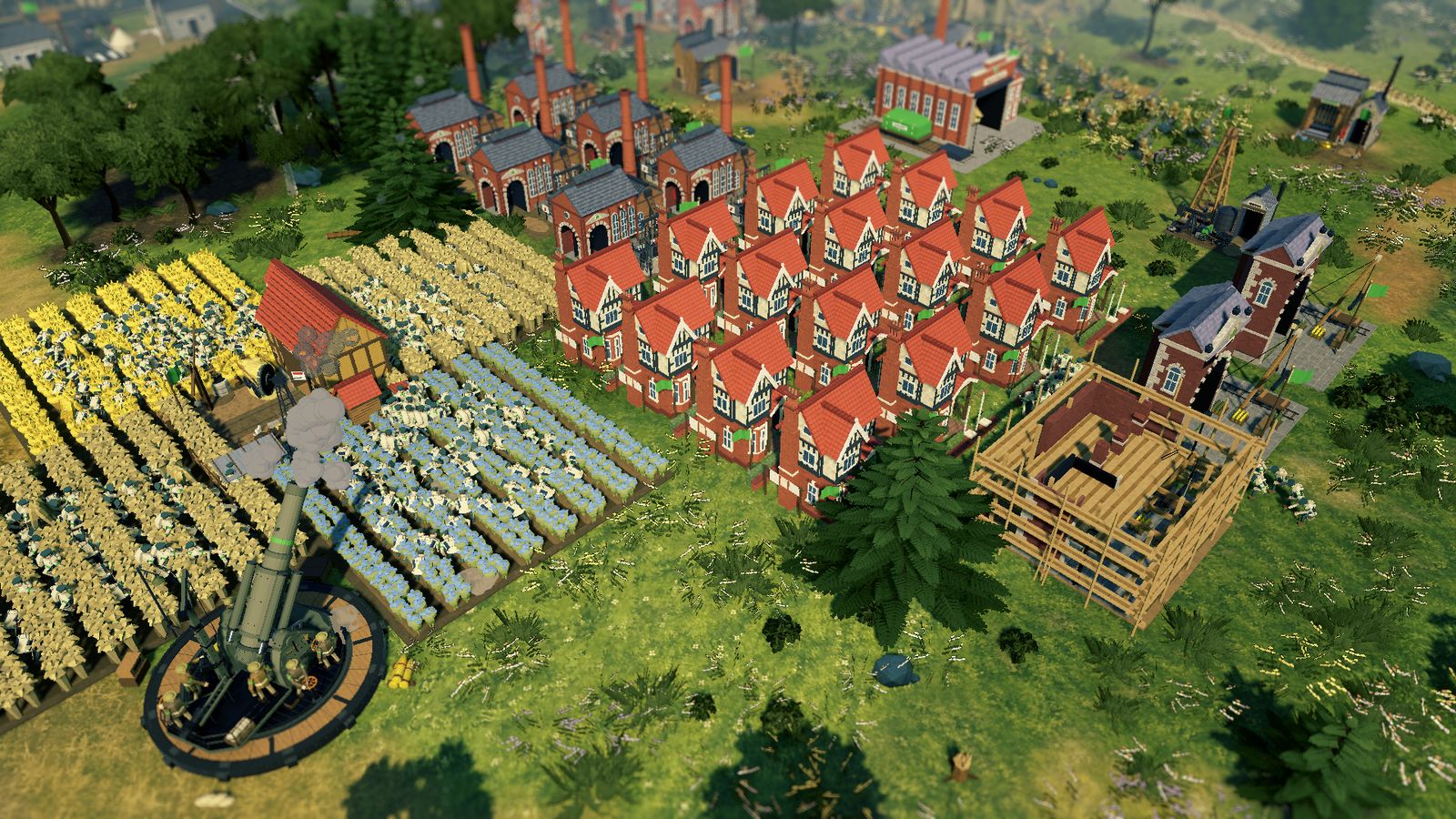 A town of red-roofed houses with barn fields and a siege howitzer in its pit
