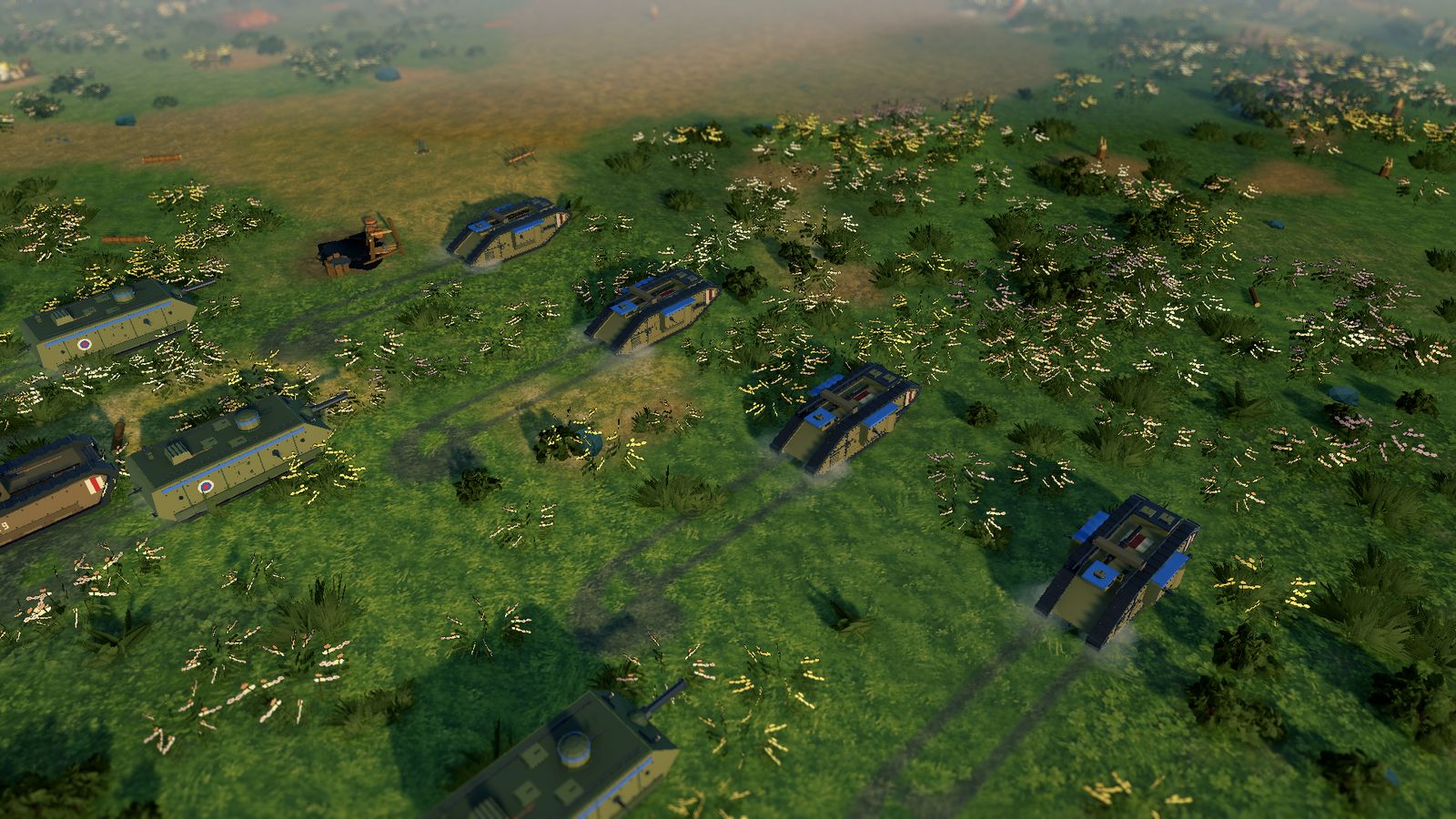 Heavy tanks rolling across a meadow, leaving tracks in the grass