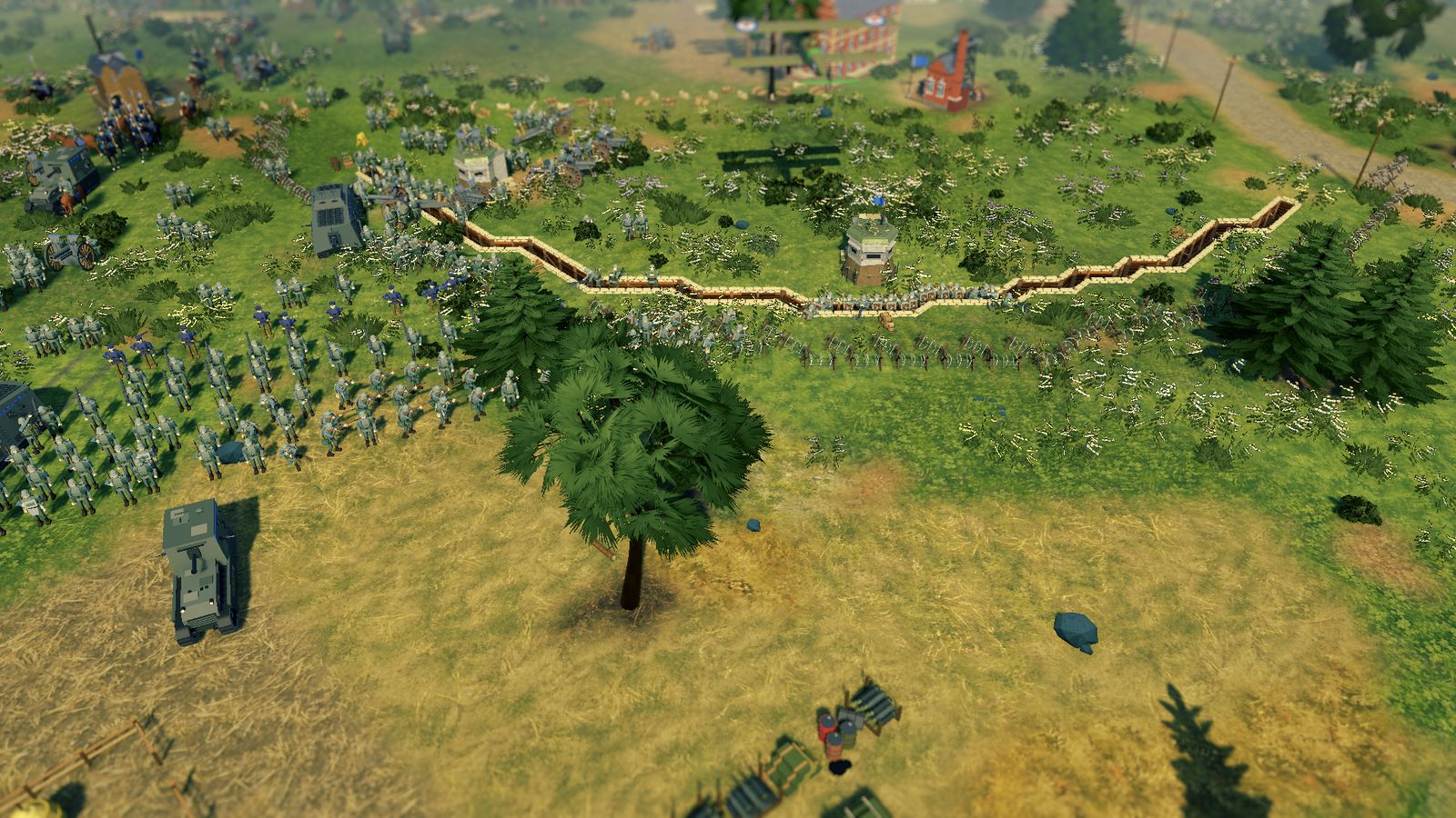 A zig-zag trench line across a grassy hill with tanks and infantry before it