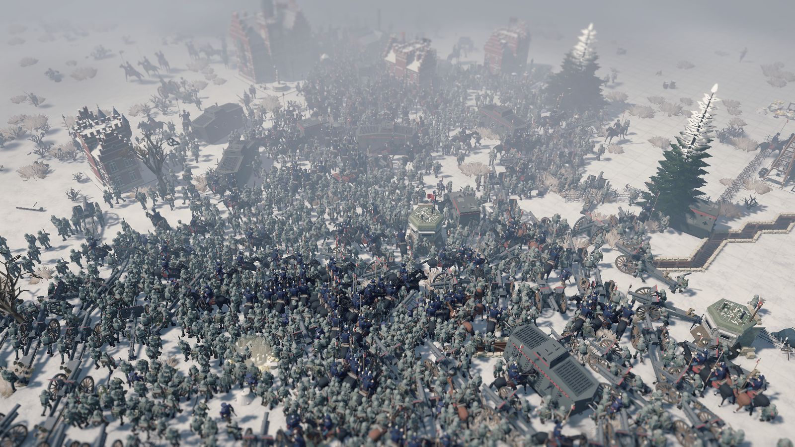 A dense mass of infantry fighting in the snow among bare trees